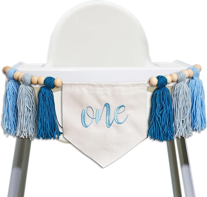 Blue One Tassel High Chair Banner - First Birthday Party Decoration Supplies Garland, Blue Ocean Waves Theme High Chair Tassel Banner, One Sign Birthday Party Backdrop Decoration