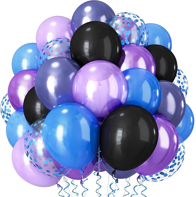 Black Purple Blue Balloon, 60 PCS Outer Space Balloons, 12Inch Metallic Navy Blue Purple Black Balloon Pearl Purple Blue Confetti Latex Balloons for Kids Boys Astronaut Space Birthday Party Decoration