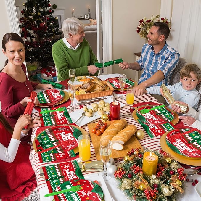 gisgfim 96 Pcs Christmas Ugly Sweater Paper Plate Napkins Party Supplies Tacky Sweater Party Birthday Decorations Favors for Xmas Serves 24
