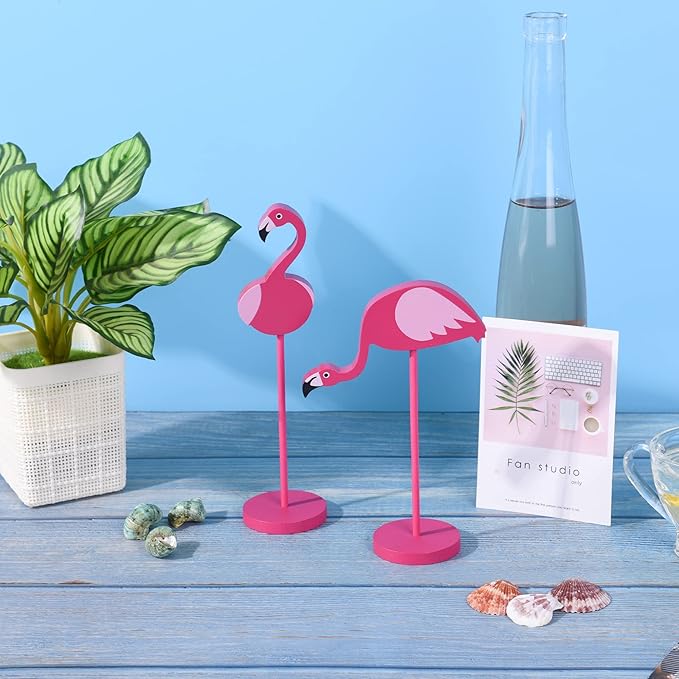 4Pcs Flamingo Wood Tall Standing Block Set Christmas Pink Flamingo Table Sign Tropical Bird Table Centerpieces Toppers for Home Office Desk Tier Tray Decor Party Supplies