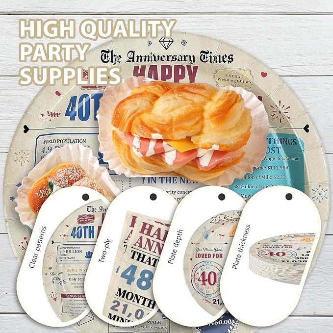 96Pcs 40th Anniversary Party Decorations Retro 40 Years Wedding Aday Plates and Napkins Happy 40th Anniversary Disposable Tableware Set for Vintage 40 Year Wedding Party Supplies Serves 24