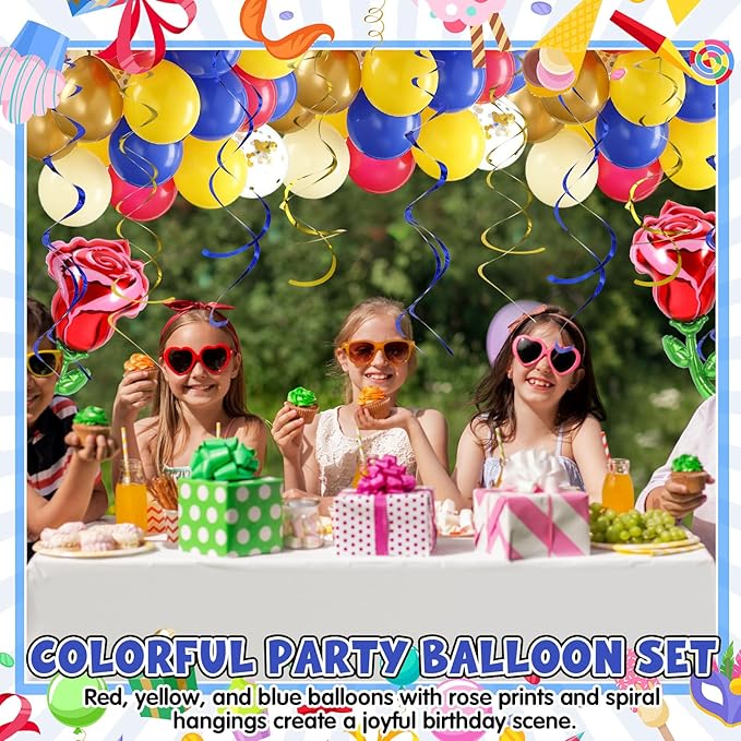 91 Pcs Yellow Blue Gold Birthday Party Decoration Balloons Set, Gold Confetti and Red Rose Foil Balloons, Hanging Swirls for Women Girls Wedding Engagement Birthday Princess Party Supplies