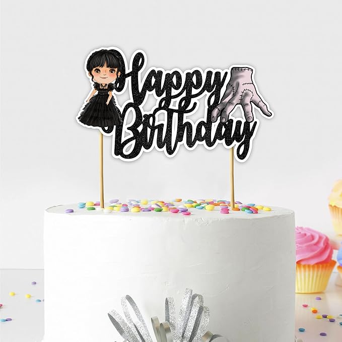 "Wednsday Happy Birthday Cake Topper – Spooky Gothic Theme Birthday Party Decoration – Creepy and Cool Cake Decoration for Adults – Addams Family Inspired Party Supplies for Halloween & Birthdays"