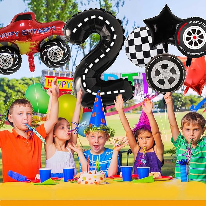 Monster Truck Balloons Party Decorations - 11 Pcs Black Birthday Number 2 Foil Tire Balloons Decor For Boys Girls 2nd Birthday Race Car Themed Party Supplies
