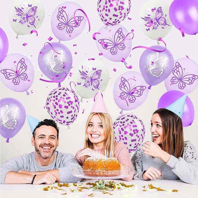 Purple and White Latex Balloons - 12 Inch Butterfly Print for Girls, Women, Baby Shower, Birthday Party, Graduation Decorations