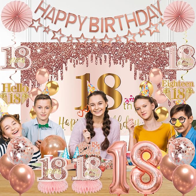 18th Birthday Decorations for Girls, Pink Rose Gold Happy 18 years old Birthday Banner Backdrop Balloons Sash Table Cake Topper Honeycomb Centerpieces Hanging Swirls Paper Fans Party Supplies