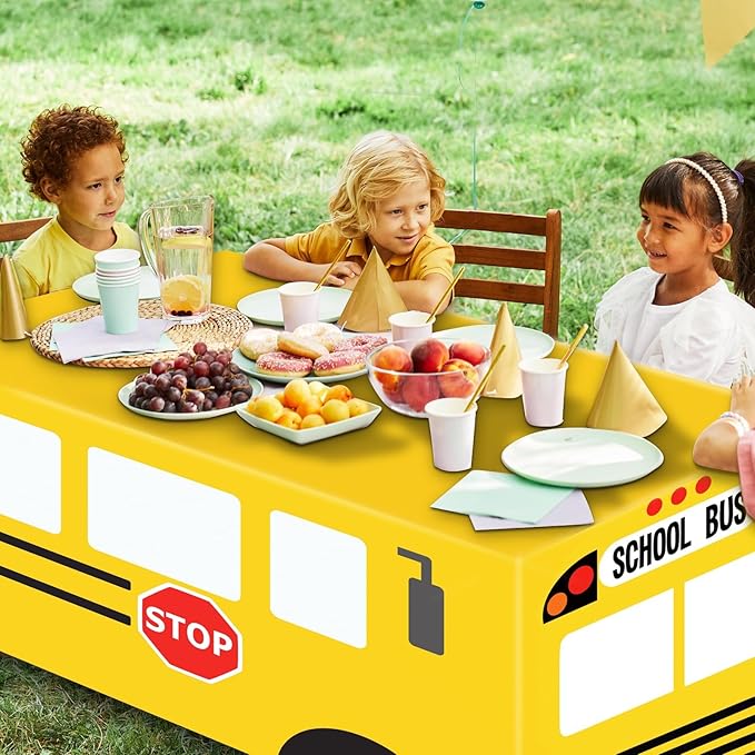 Cumule School Bus Tablecloth First Day of School Party Table Cloth Cover School Bus Theme Party Birthday Decoration Washable Polyester Rectangle Table Cover Decor for Nursery Party Back to School Day