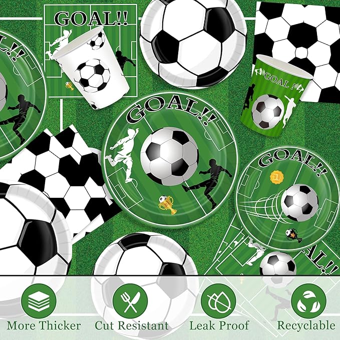 Soccer Birthday Party Decorations Tableware Set Soccer Party Supplies Soccer Theme Party Decorations Paper Plates Napkins Cup Tablecloth and Banner for Boys Girls Sports Theme, 24 Guests