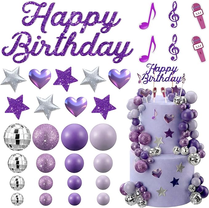 Leinuosen 76 Pcs Kpop Cake Topper Popular Singer Birthday Cake Decoration with Purple Disco Balls Pop Music Birthday Party Decoration Kpop Theme Party Supplies