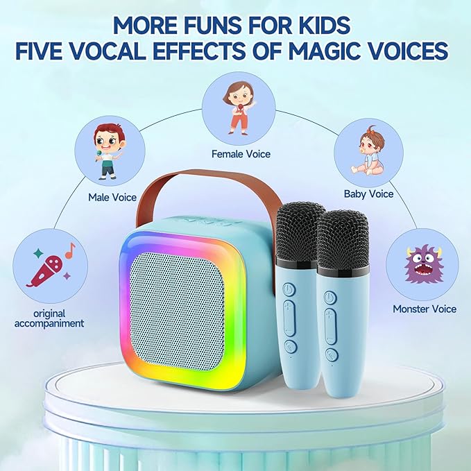 Mini Karaoke Machine for Kids Teen Adults, Kids Karaoke Machine with 2 Wireless Microphones and LED Lights Toys for Party, Home, Gifts for 4 5 6 7 8 9 10 11 12+ Years Girls Boys(Blue)
