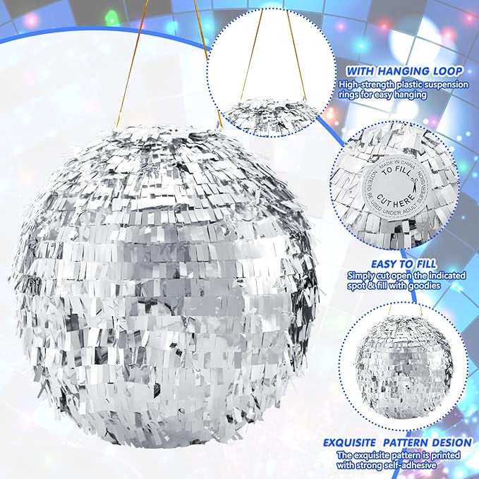 Lewtemi 11.8 Inch Silver Disco Ball Piñata with 1 Piñata Bat 1 Blindfold 1 Bag of Confetti and 20 Small Mirror Balls for Disco Themed Birthday Wedding Party Supplies
