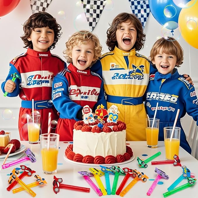 Winrayk Race Car Party Favors, 24Pcs Cars Themed Mini Bubble Wands for Kids Bubbles Bulk with Detachable Topper (6 Styles & Colors), Summer Pool Beach Birthday Supply Goody Bag Stuffer Classroom Prize
