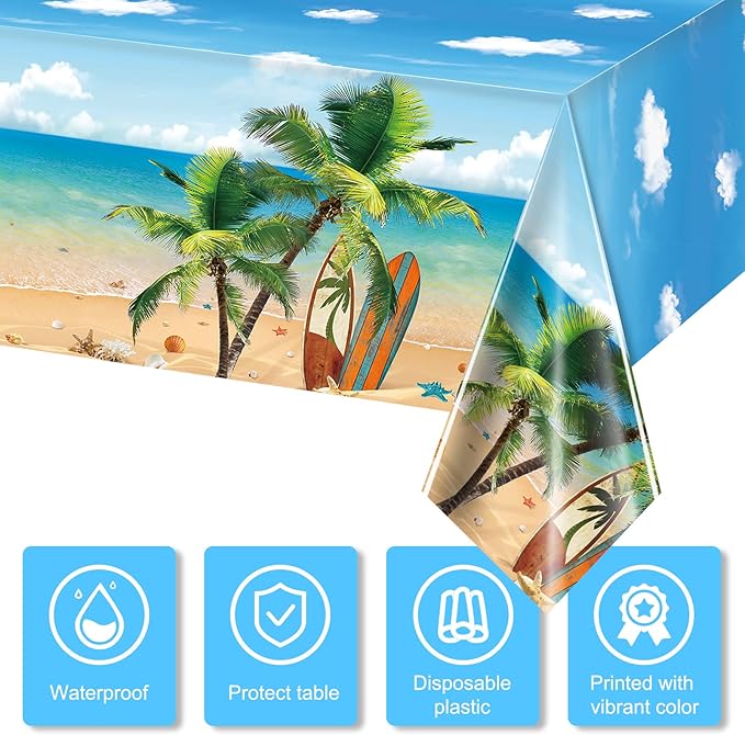 Tiamon 3 Pieces Summer Beach Tablecloths Plastic Hawaiian Party Table Cover Luau Palm Leaves Tropical Beach Tablecloth for Summer Ocean Sea Pool Birthday Party Supplies, 54 x 108 Inches