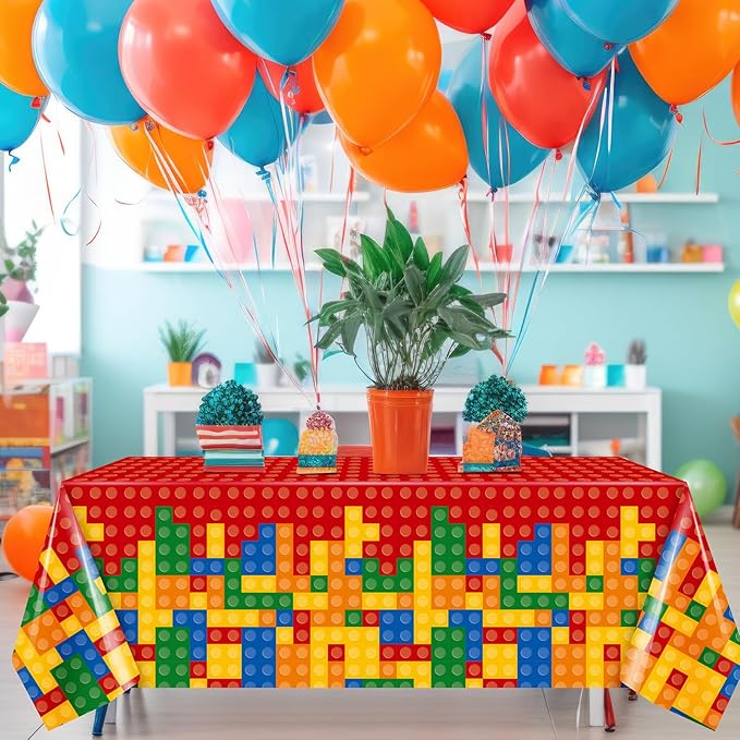 Oudain 2 Pcs Building Block Tablecloths Colorful Building Blocks Birthday Party Decorations 54 x 108 Inch Disposable Plastic Brick Table Cover Waterproof Brick Themed Party Supplies (Red,Green)