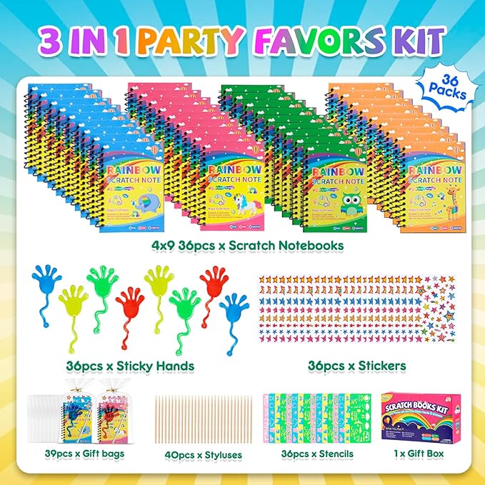36*3 Packs Scratch Art Notebook+Sticky Hands+Stickers,Easter Party Favors for Kids 4-8-12,Return Gifts for Birthday Party Bulk Toys,Goodie Bags Stuffers, Classroom Prizes Students Gifts