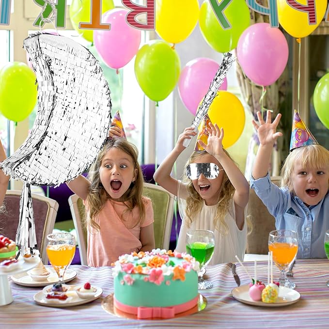 Silver Foil Moon Pinata with Stick and Blindfold Pull String Moon Pinata for Kids Birthday Party Decorations Baby Shower Gender Reveal Party Supplies