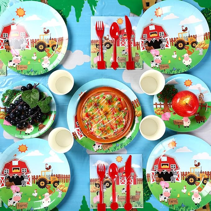 Pajean 171 Pcs Farm Birthday Decorations Happy Birthday Animals Theme Party Supplies 24 Guests Dinner Plates Dessert Plates Cups,Napkins and Banner for Baby Shower Farm Party Decoration(Vivid)