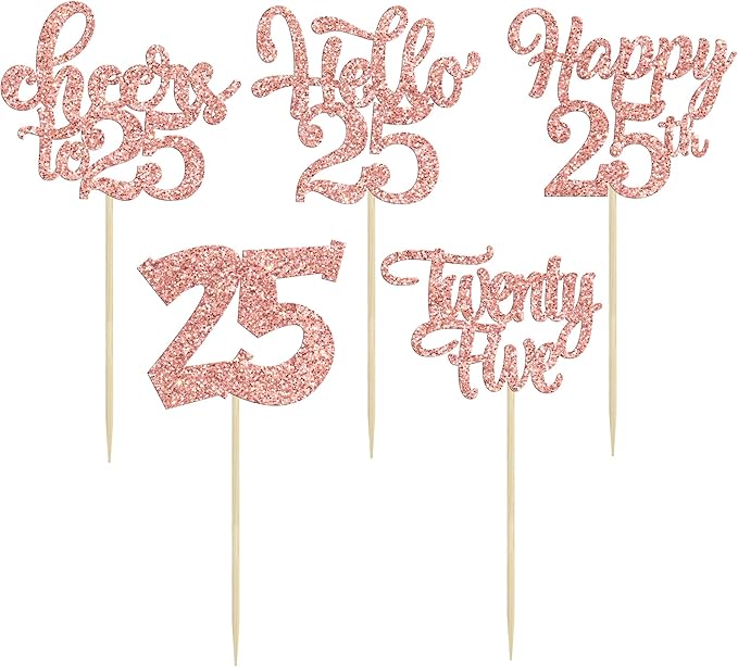 30pcs 25th Birthday Cupcake Toppers - 25th Anniversary Cake Decorations - Rose Gold Glitter