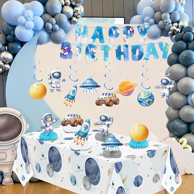Outer Space Party Decorations, Space Solar System Theme Honeycomb Centerpieces Swirl Streamers Tablecover Birthday Banner for Birthday Party Decorations(Outer Space)