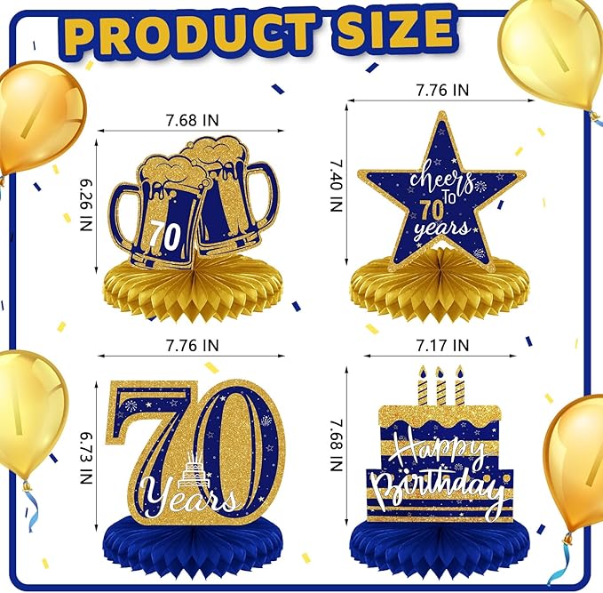 Spakon 8 Pieces Blue Gold 70th Birthday Table Decorations 70th Birthday Honeycomb Centerpieces Glitter Table Toppers Blue and Gold Party Decorations for Men and Women Party Supplies