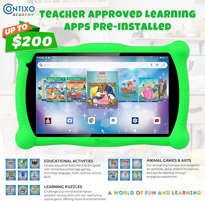 Contixo V10A 7" Kids HD Learning Tablet for Ages 3–7 with 32GB, Parental Controls, Kid-Proof Case, Stylus & 50+ Disney eBooks ($200 Value), Educational Games Included, Green