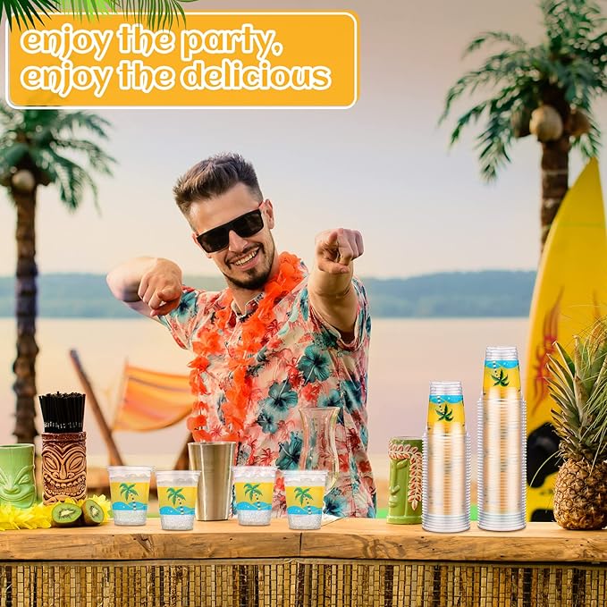 Rtteri 100 Pcs 12oz Luau Cups Plastic Hawaiian Coconut Tree Drinking Cups Bulk Disposable Palm Tree Tiki Drinkware for Summer Beach Party Supplies Luau Hawaiian Decorations(Waves)