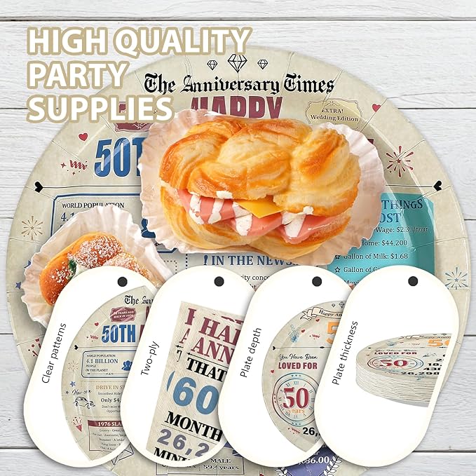 96Pcs 50th Anniversary Party Decorations Retro 50 Years Wedding Aday Plates and Napkins Golden 50th Anniversary Disposable Tableware Set for Vintage 50 Year Wedding Party Supplies Serves 24