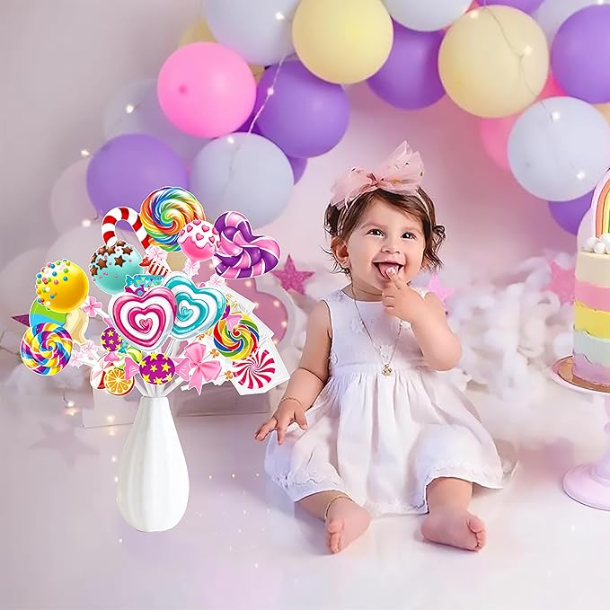 24Pcs Candyland Party Centerpieces Sticks Candyland Lollipop Table Toppers Sweet Candy Party Decorations for Candyland Theme Birthday Party Baby Shower Supplies