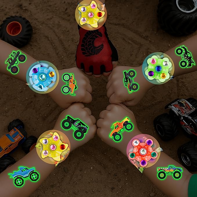 144PCS Monster Truck Party Favors for Kids, 96 Glow Tattoos Pre-cut + 24 Slap Bracelets + 24 Light Up Spinning Toys, Birthday Goodie Bag Stuffers, Stocking Stuffers, Glow in The Dark Supplies