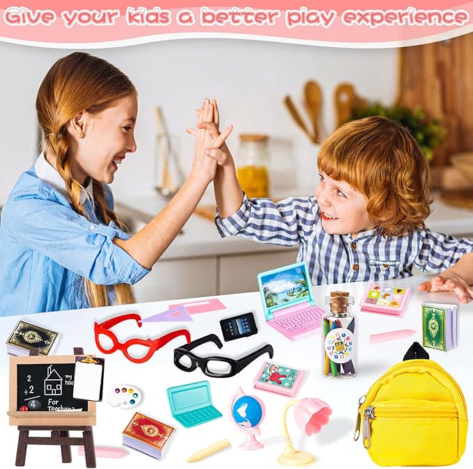 Mini School Supplies, 30Pcs Doll School Supplies Includes Mini Doll Backpack Laptops Glasses Blackboard Book Palette Paper Ruler Scissors Calculator for Dolls Accessories Set