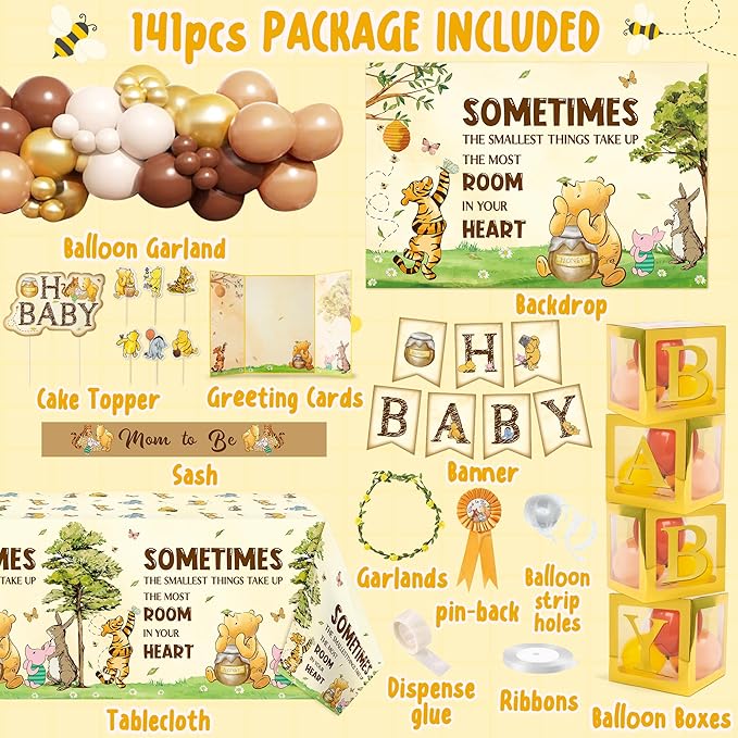 Vintage Winnie Birthday Decorations for Baby - Winnie Party Supplies for Baby Shower Decorations Include Arch Balloon Mom to Be Sash Oh Baby Banner Backdrop Tablecloth Cake Topper Box Garland