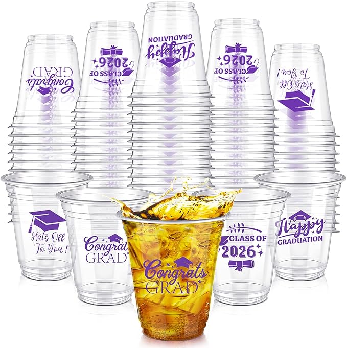 Eaasty 200 Pcs 12oz Graduation Cups 2026 Disposable Plastic Cups for Class of 2026 Graduation Party Congrats Grad Elegant Party Supplies Tableware Decorations (Purple)