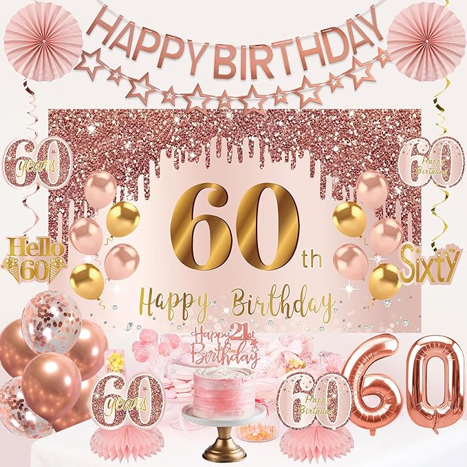 60th Birthday Decorations for Women, Pink Rose Gold Happy 60 years old Birthday Banner Backdrop Sash Table Cake Topper Balloons Honeycomb Centerpieces Hanging Swirls Paper Fans Party Supplies