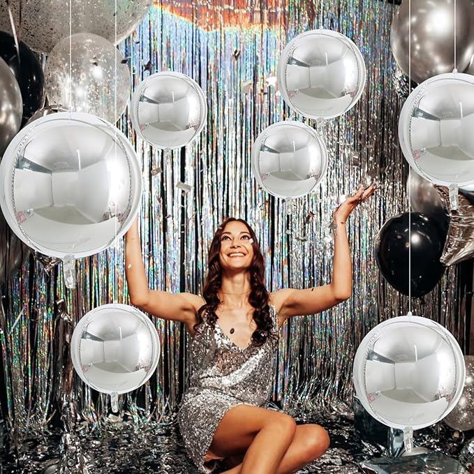TONIFUL 16Pcs Large Silver 4D Giant Round Foil Balloon 4D Mirror Metallic Mylar Sephere Balloons for Christmas New Year Birthday Party Graduation Wedding Baby Shower Decoration Supplies(Mix Sizes)