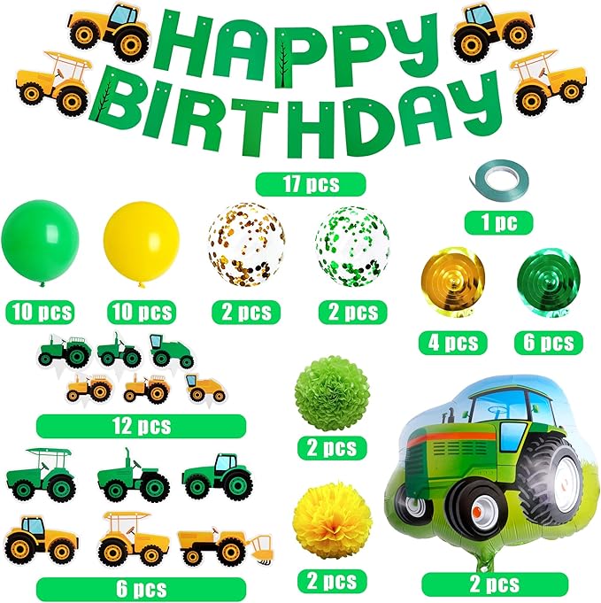 76PCS Green Tractor Themed Party Supplies with Tractor Banner Balloons Garland, Hanging Swirl and Cupcake Toppers for Farm Tractor Decorations As Themed Party Favors