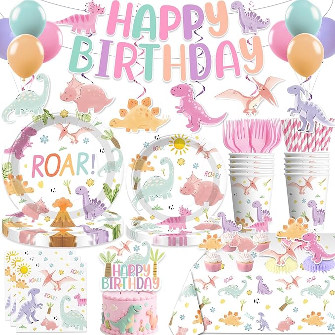 Pastel Dinosaur Birthday Decorations Girl, Dinosaur Birthday Banner, Cupcake Toppers, Disposable Table Cloth, Plates and Napkins Serve 50 Guests, Pink Watercolor Cute Girls Dino Theme Party Supplies
