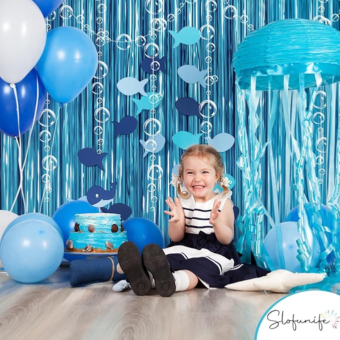 Under The Sea Party Decorations,1 Blue Fringe Backdrop 3 Bubble Garlands with Tape for Beach,Water,Pool,Ocean Themed Decor,Mermaid Birthday Photo Props,Ocean Baby Shower Party Supplies