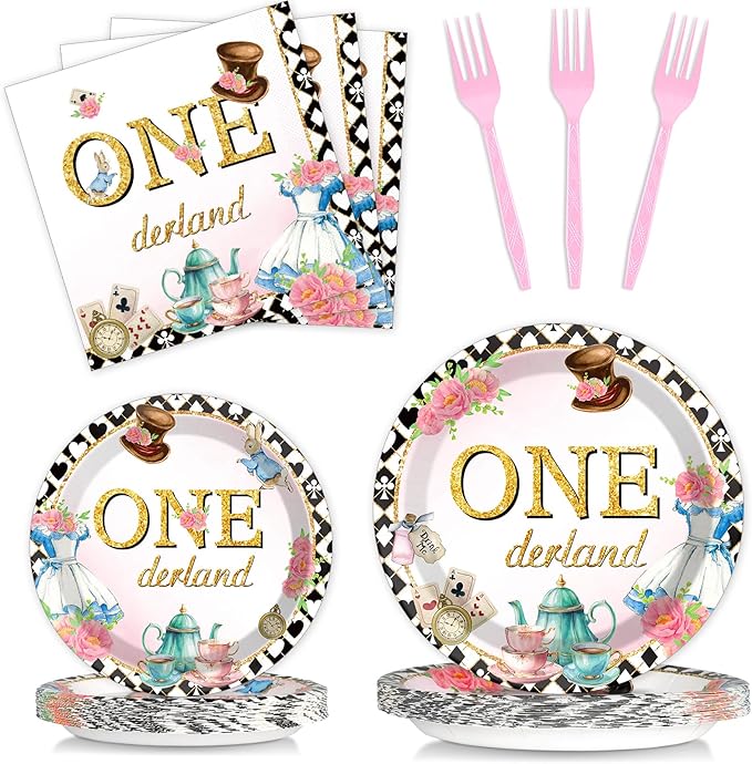 100Pcs Wonderland 1st Birthday Party Supplies - Onederland 1st Birthday Paper Plates, Napkins, Fork Set, Disposable Fairy Tableware Decorations for Girls Baby Shower Dinner Serves 25