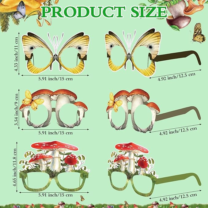 Pajean 36 Pcs Mushroom Party Decorations Eyeglasses Wild Mushrooms Paper Glasses Supplies Enchanted Forest Photo Booth Props Frame Favors for Woodland Shower Birthday Spring Party Decor Supplies