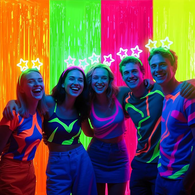 ADLKGG Glow in The Dark Party Supplies, 4Pcs 3.3x6.6 Feet Neon Party Decorations, Fluorescent Green Orange Yellow Fuchsia Foil Fringe Curtains Backdrop for Birthday Halloween Pool Photo Booth Prop