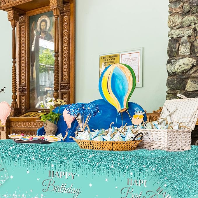 3 Pieces Teal and Silver Birthday Tablecloths for Happy Birthday Party Decorations Plastic Disposable Breakfast Blue Theme Table Covers for Girls Women Silver GlitterParty Supplies, 54 x 108 Inches
