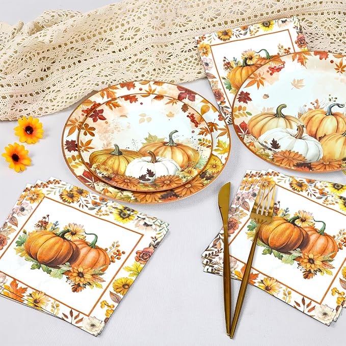 180 Pcs Fall Paper Plates and Napkins,Thanksgiving and Pumpkin Plates Disposable Dinnerware Set for Autumn Thanksgiving Party Supplies,Serve 60 Guests