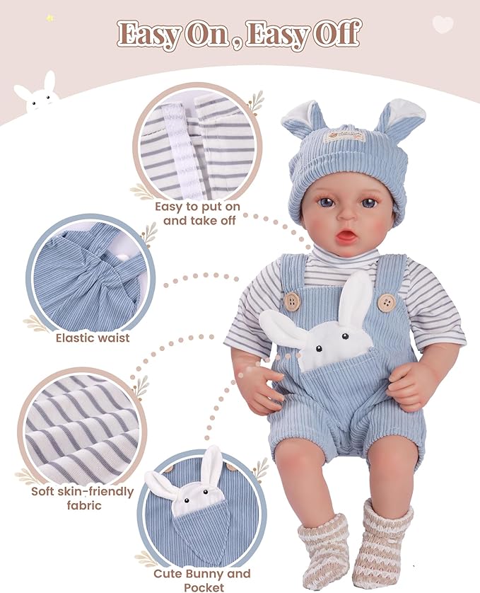 BABESIDE 4-Piece Baby Doll Clothes for 15-18 Inch Dolls, Doll Outfit Accessories with Bunny Pattern fit Baby Dolls, Pretend Play Accessories Gift for Boys & Girls,Blue