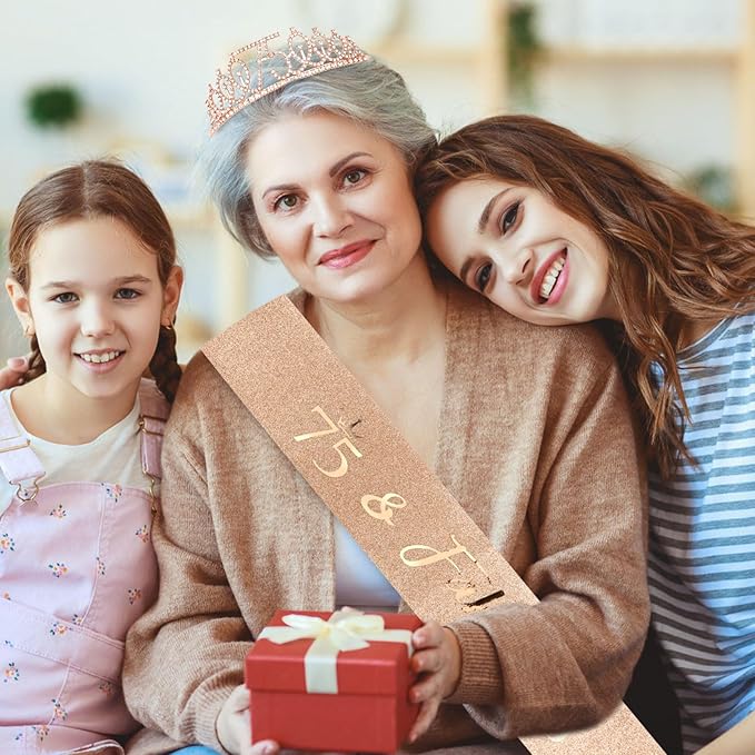 CIEHER 75th Birthday Gift Set - Crown, Sash, Pearl Pin, Decorations and Party Supplies for Women's Fabulous 75th Celebration