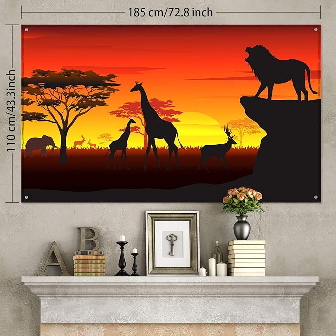 Blulu African Safari Theme Party Decorations, 72.8 x 43.3 Inch African Safari Backdrop Banner Theme Supplies, Tropical Forest Jungle Scenic Background Photo Booth Banner Wild Birthday Party Decoration