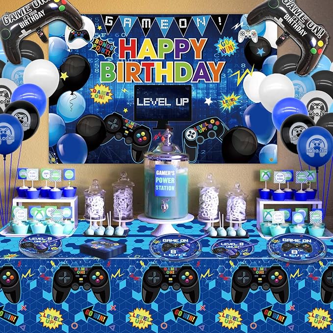 81 Pcs Video Game Party Supplies - 8th Birthday Video Game Party Decor Dinner Plates Napkins Video Game Tablecloth Forks Gaming Party Pack for Kid Boy 8th Birthday Party, Serves 20 (8th)