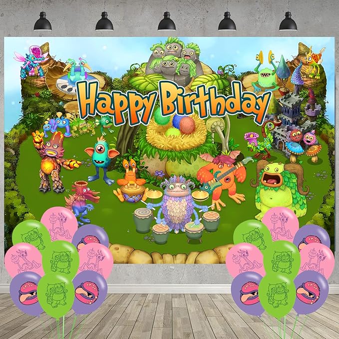 Singing Monster Birthday Party Decoration,Monster Party Photo Background 5 x 3 FT and 18 Pcs Balloon,Merch Party Backdrop Supplies