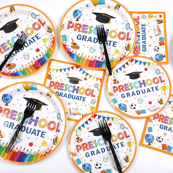 Preschool Graduation Party Supplies Pre-K Grad Tableware Set Kindergarten Graduation Plate Napkin Kindergarten Disposable Paper Dinnerware Kit for Graduate Party decoration Favor 24 Guest (White)