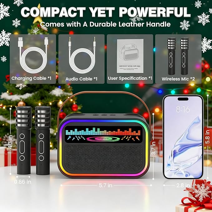 Mini Karaoke Machine Toys Gifts for Kids Girls Age 3-12+, Tnvee Portable Bluetooth Speaker with 2 Wireless Microphones, Funny Toddler Singing Karaoke for Birthday, Family, Home Party - Black