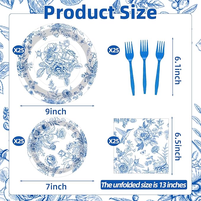 100 Pcs Blue and White Floral Tableware Party Supplies Set, Serves 25 – Disposable Elegant Flower Paper Plates, Napkins, and Plastic Forks for Wedding, Bridal Shower, Birthday, Garden Tea Decorations